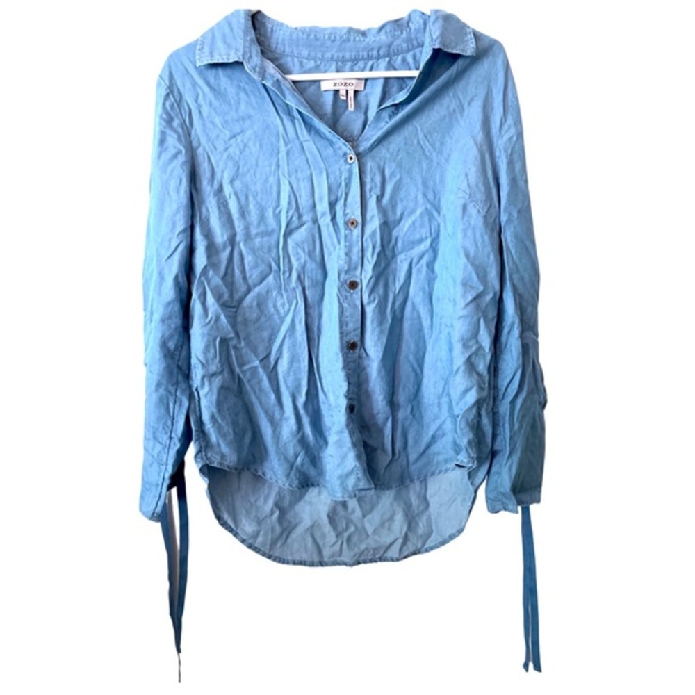 Zozo chambray color Lyocell denim look‎ button down shirt with sleeve tie detail